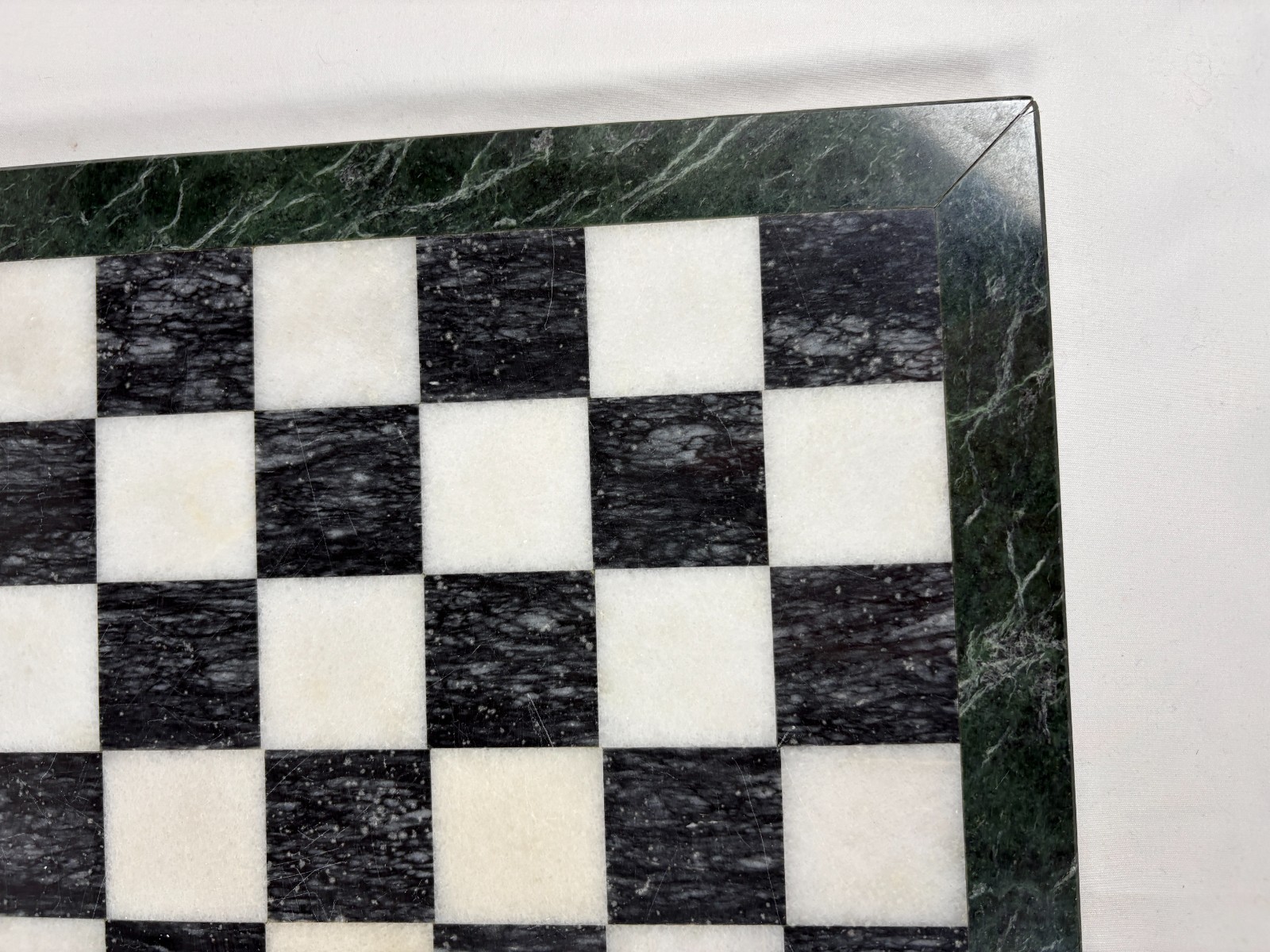 Marble Chess Board Black White With Green Border Stone 15 Inch Vintage Used