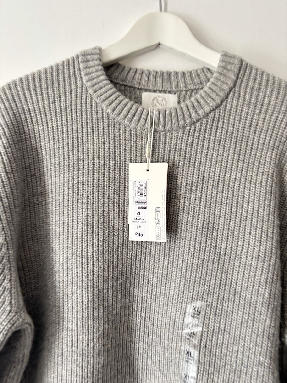 M&S Lambswool Blend Crew Neck Chunky Textured Knit Jumper size XL grey