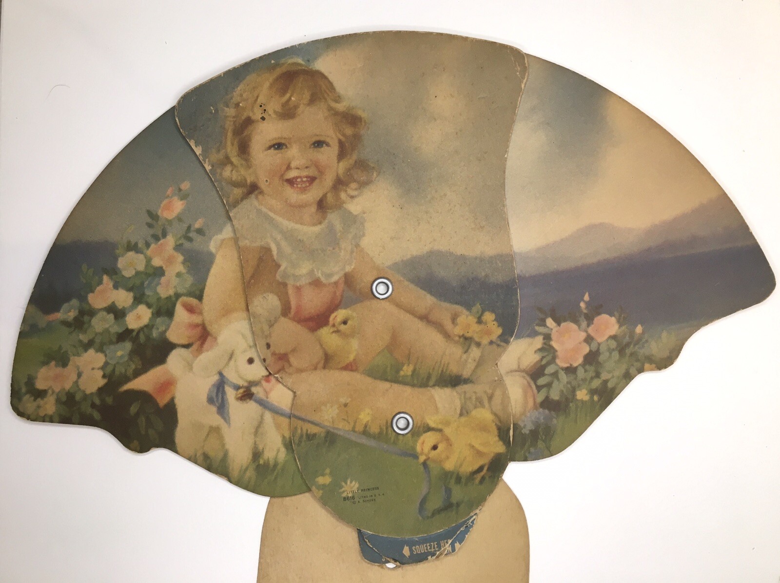 Vintage HAND FAN Dillsburg PA PAUL BILLETT Adorable Little Girl with Baby Chicks