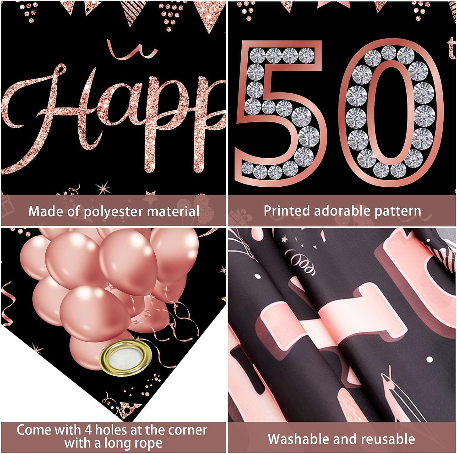 Happy 50th Birthday Banner Decorations for Women, Rose Gold 50 Birthday Sign Par