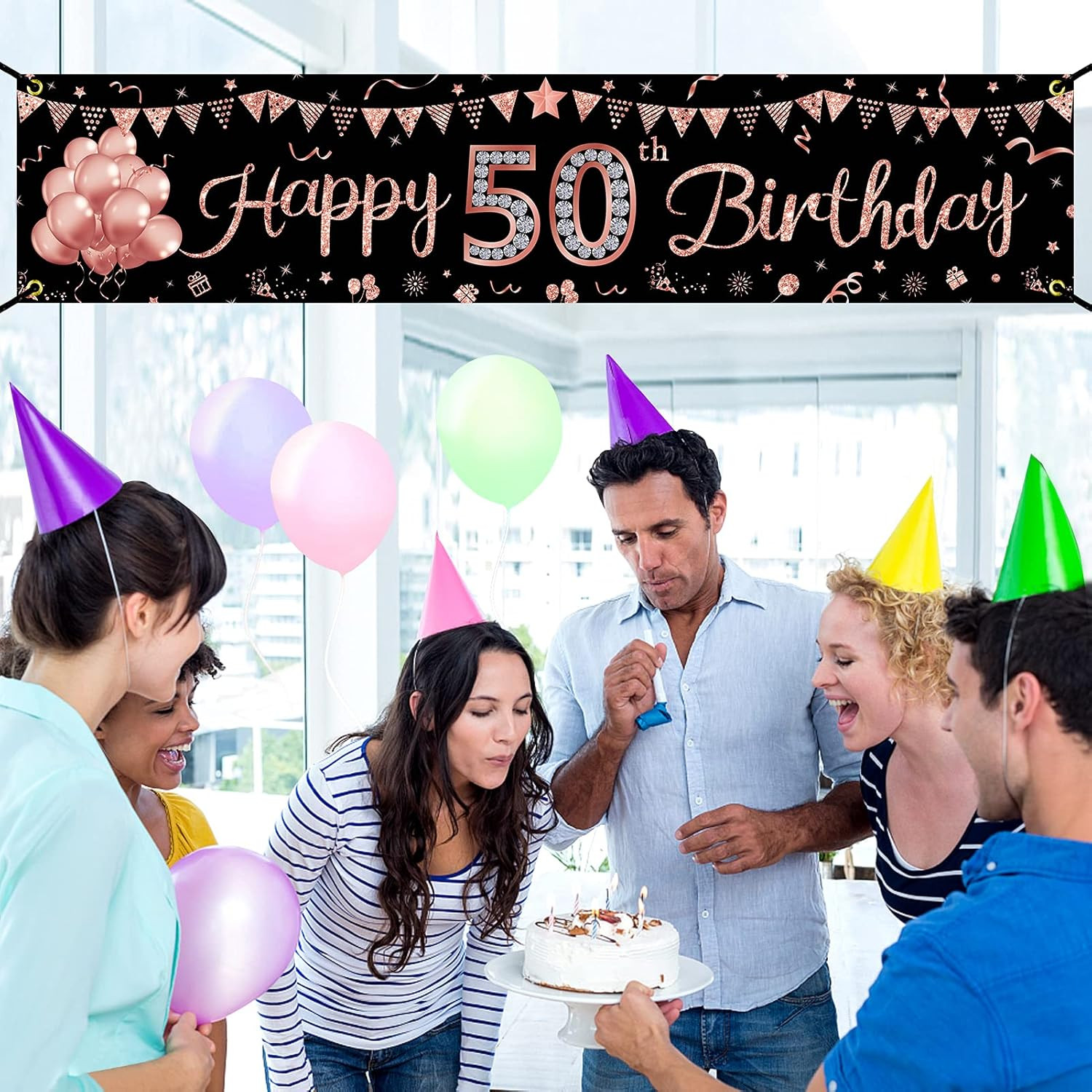 Happy 50th Birthday Banner Decorations for Women, Rose Gold 50 Birthday Sign Par