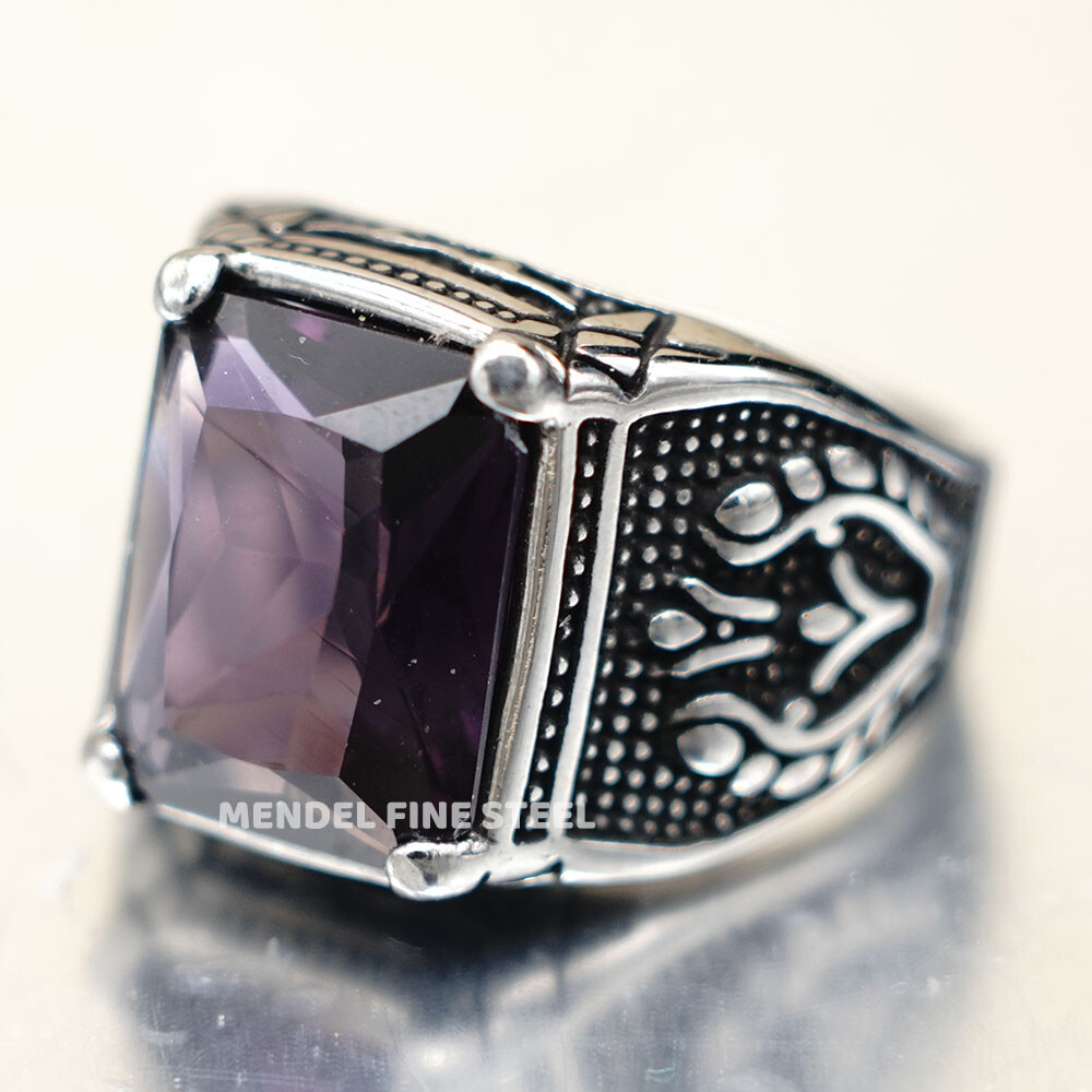 MENDEL Mens Purple Amethyst Stone Ring Stainless Steel Size 7 8 9 10 11 12 13-15