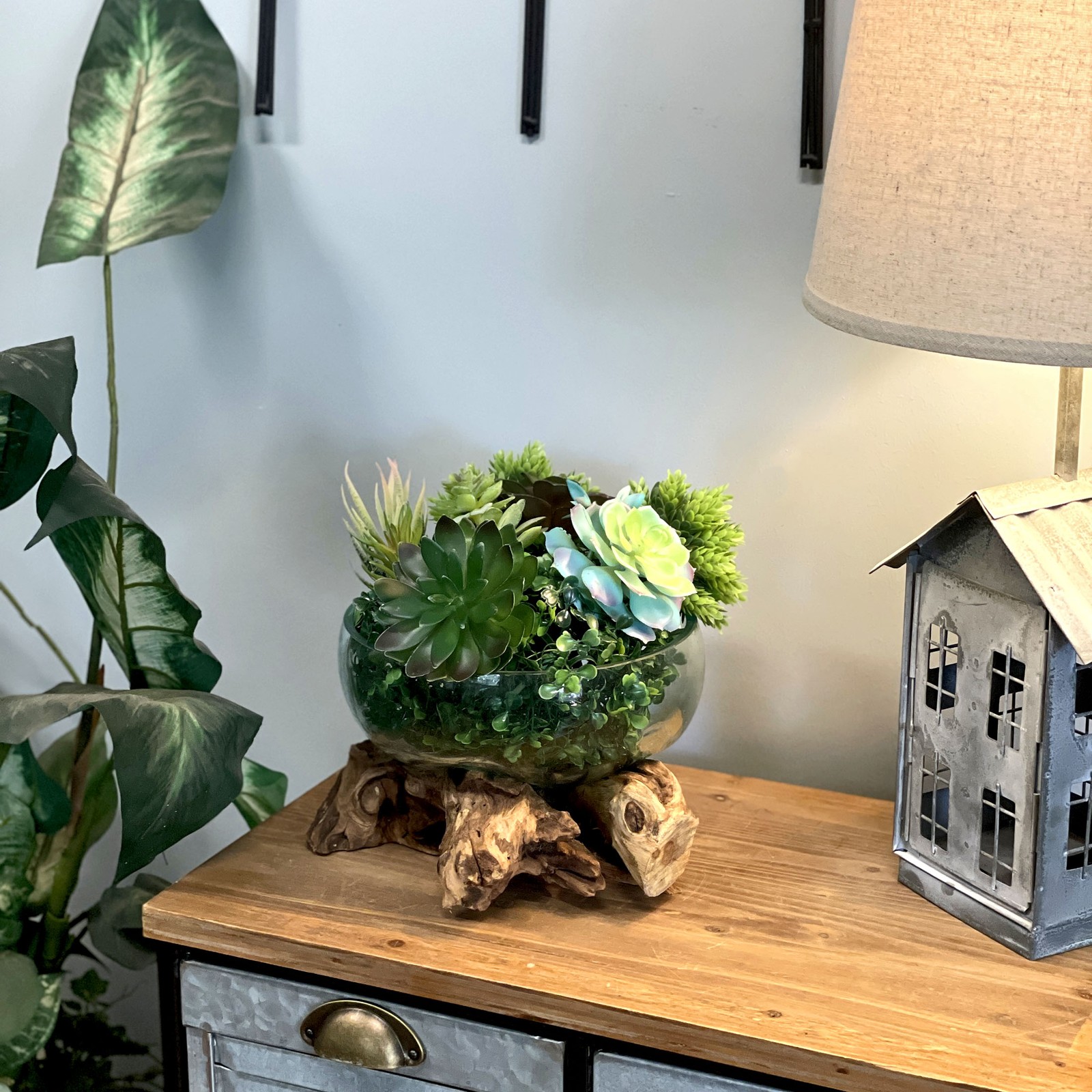 Molten Glass Bowl on Driftwood 10" Hand Blown Decorative Centerpiece Planter