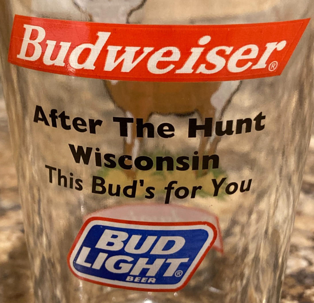 Budweiser Beer Pint Glass ~ Whitetail Deer / Buck ~ "After the Hunt Wisconsin"