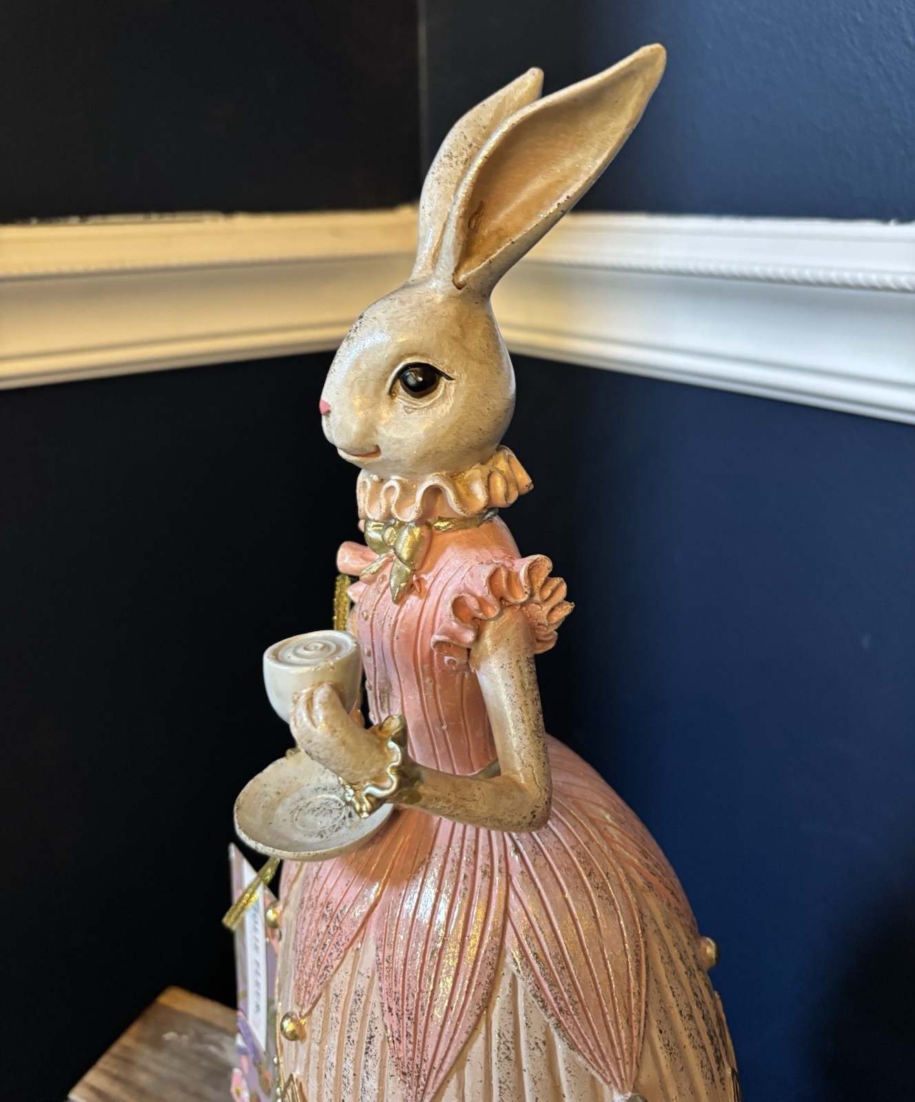 Jolie Fleur Easter Bunny Rabbit Figurine Pink Gold Dress Tea Party Decor NWT