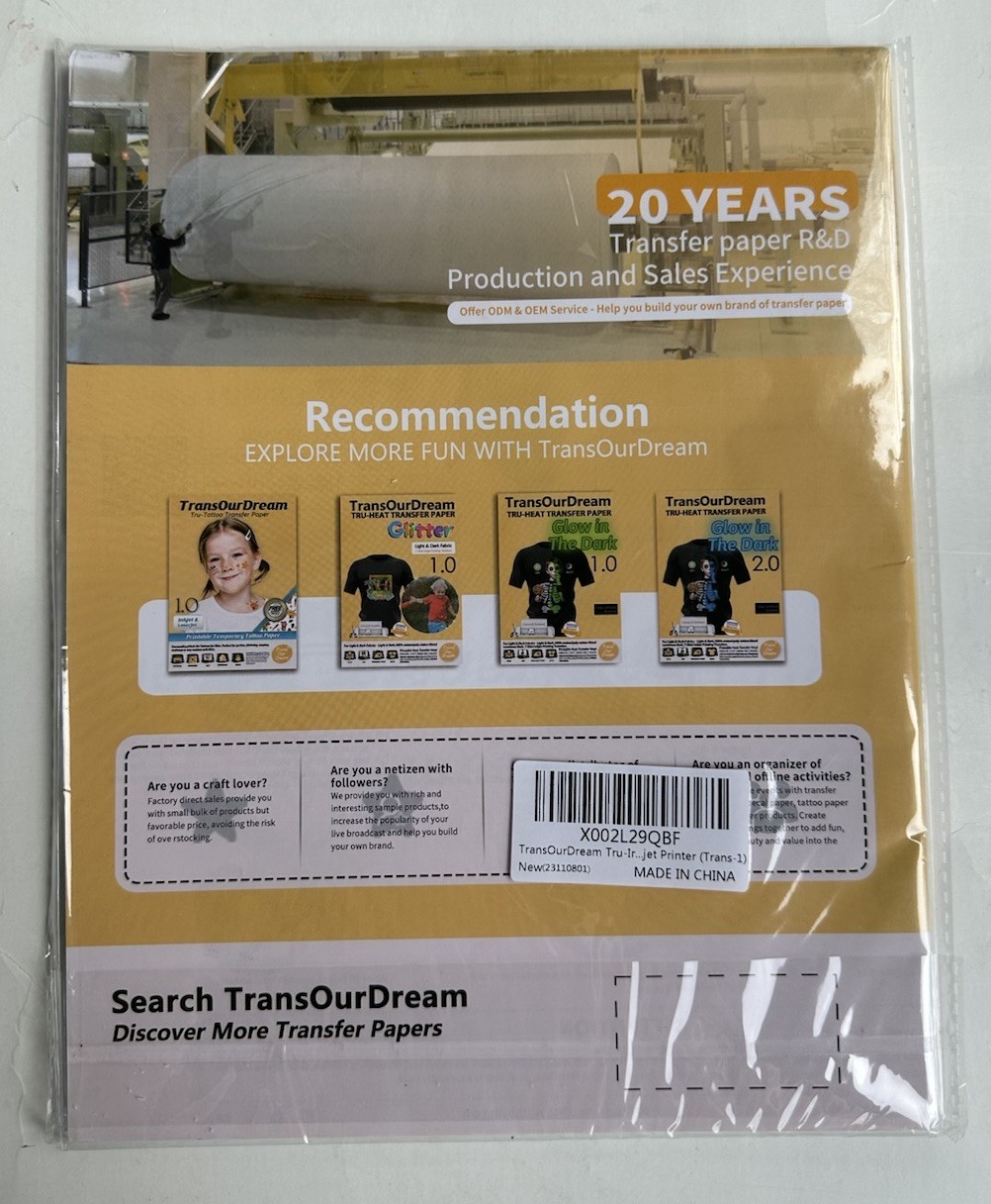 NEW Transourdream Heat Transfer Paper for T Shirts 20 Sheets 8.5X11" Printable