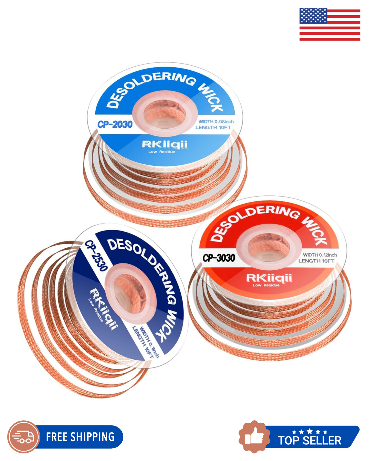 3Pcs Solder Wick Braid Kit with Flux, Low Residue Desoldering Wire 10ft Each USA