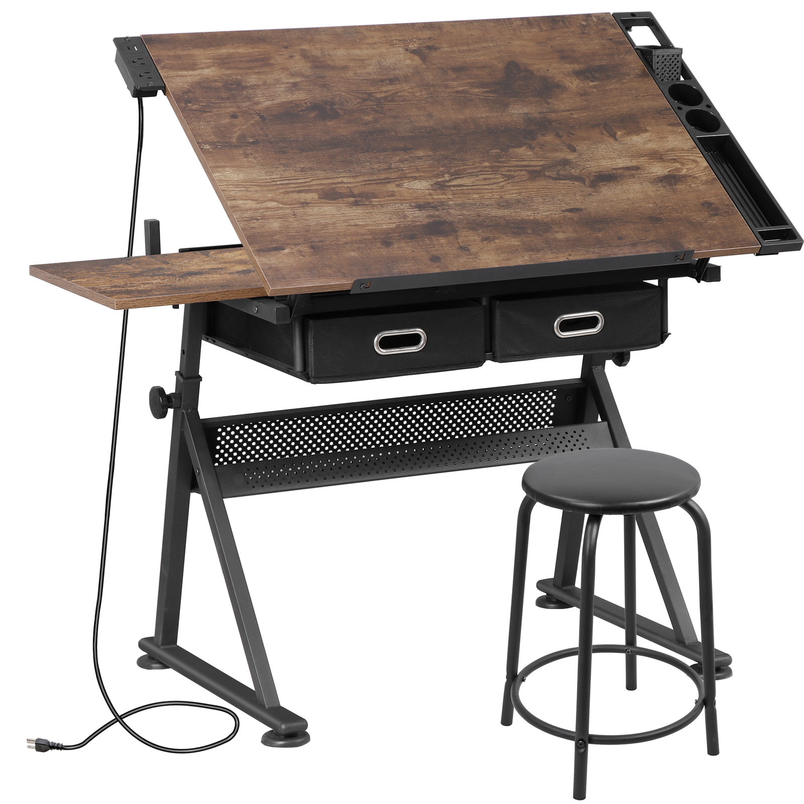 Drafting Drawing Table Adjustable Art Craft Desk with Power Outlet & Stool Retro