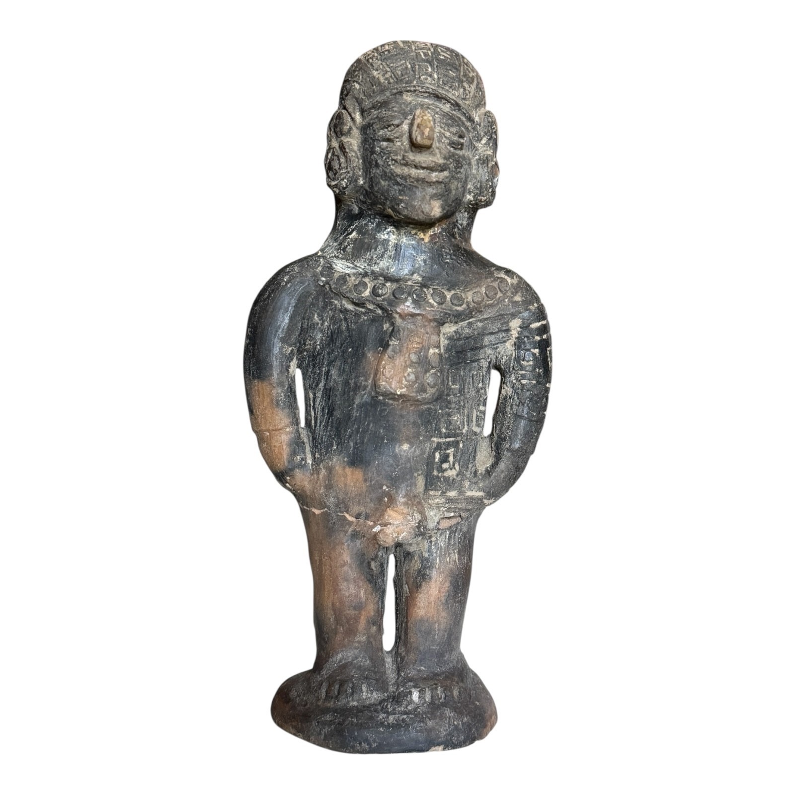 Antique Pre-Columbian West Mexico Blackware Pottery Standing Whistle Figure