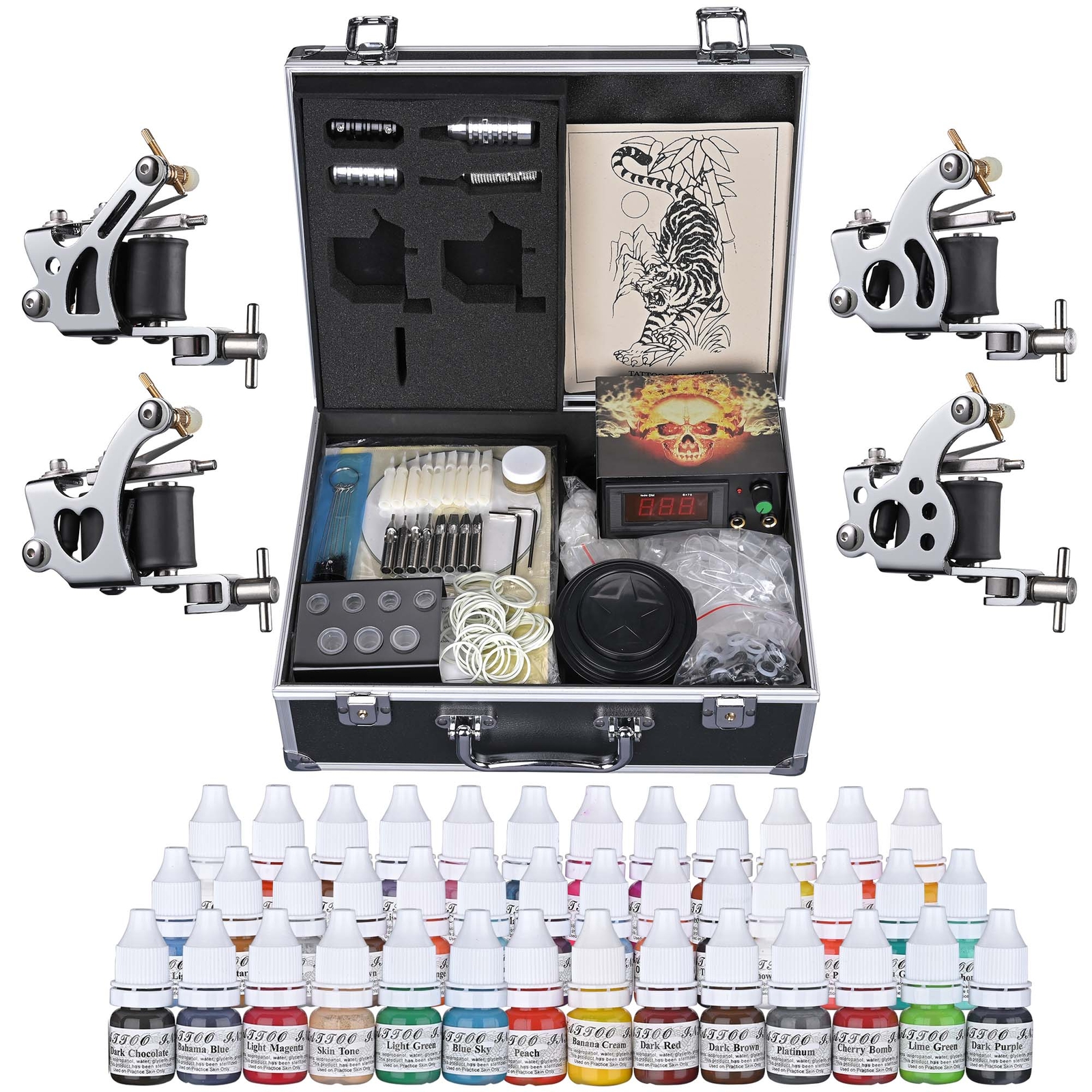 Complete Tattoo Kit 4 Machine Gun 40 Ink LCD Power Supply Grips Tip Carring Case