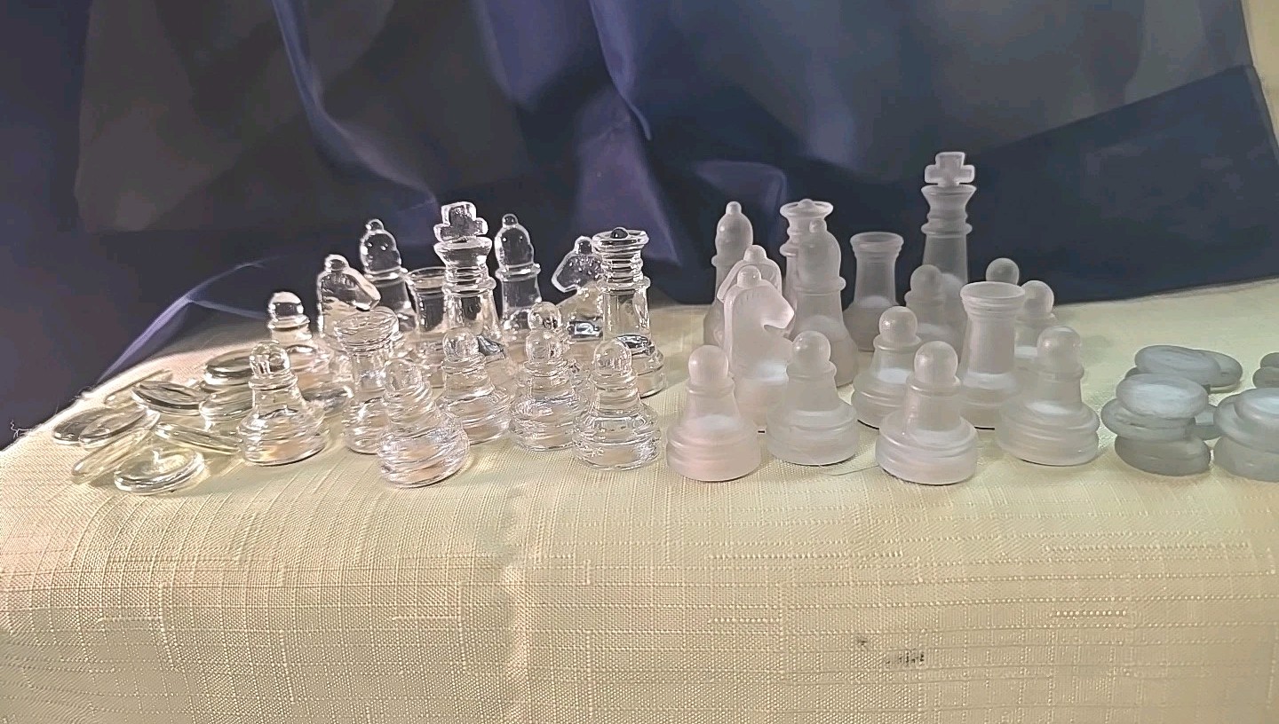 Glass Chess Pieces Frosted & Clear No Board Complete Set
