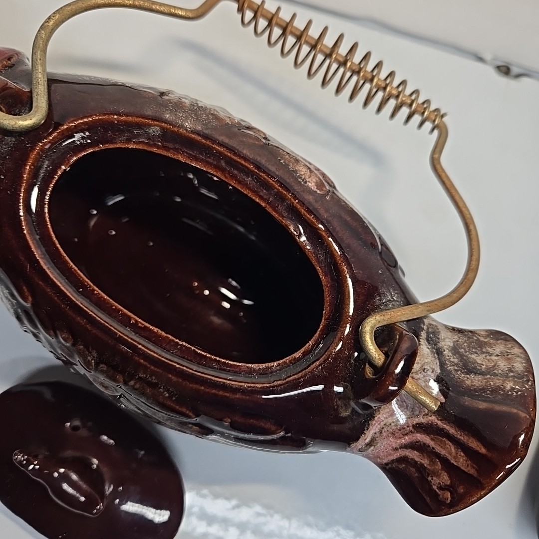 Vintage 1950's Redware Bird Shaped Teapot with Metal Spirl Handle 10in Long