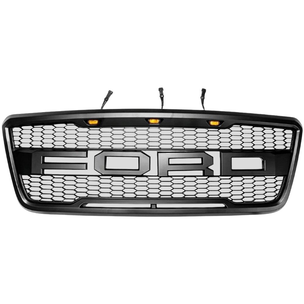 Front Grille For 2004-2008 Ford F150 Raptor Style W/3LEDs W/Letters Matte Black