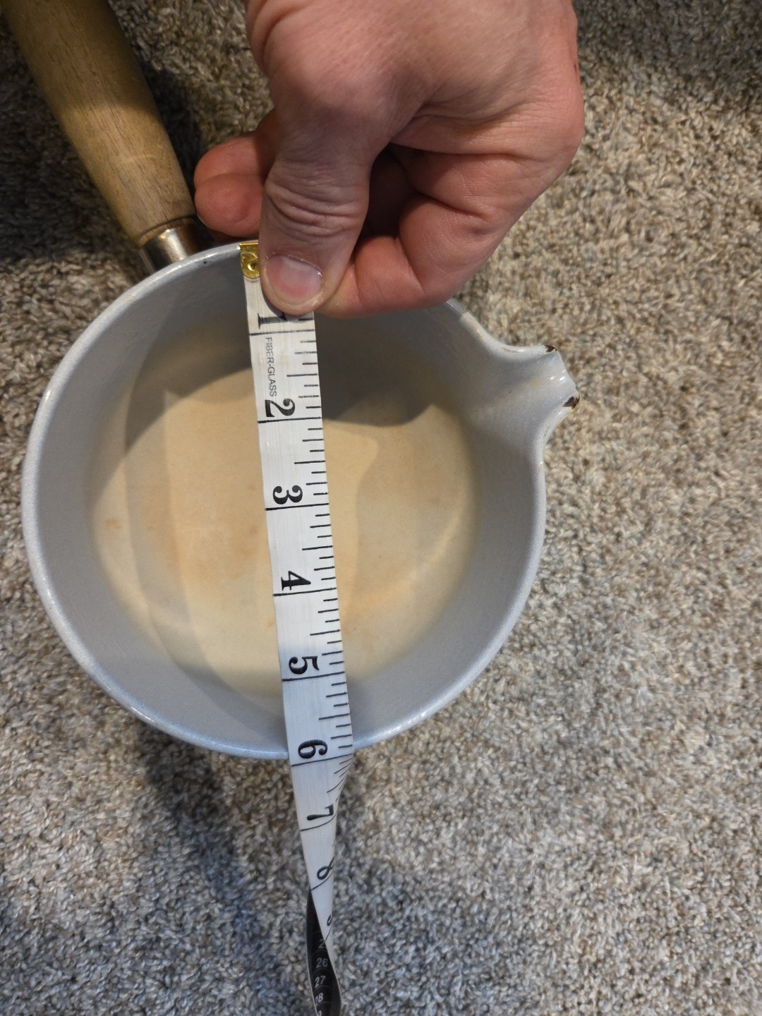 Vintage Enamelware Over Cast Iron Yellow Saucepan With Spout & Wooden Handle MCM