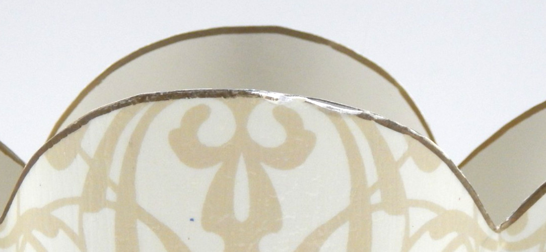 MARYE-KELLEY Decoupage Antique Gold Damask Scalloped 12"H Wastepaper Basket