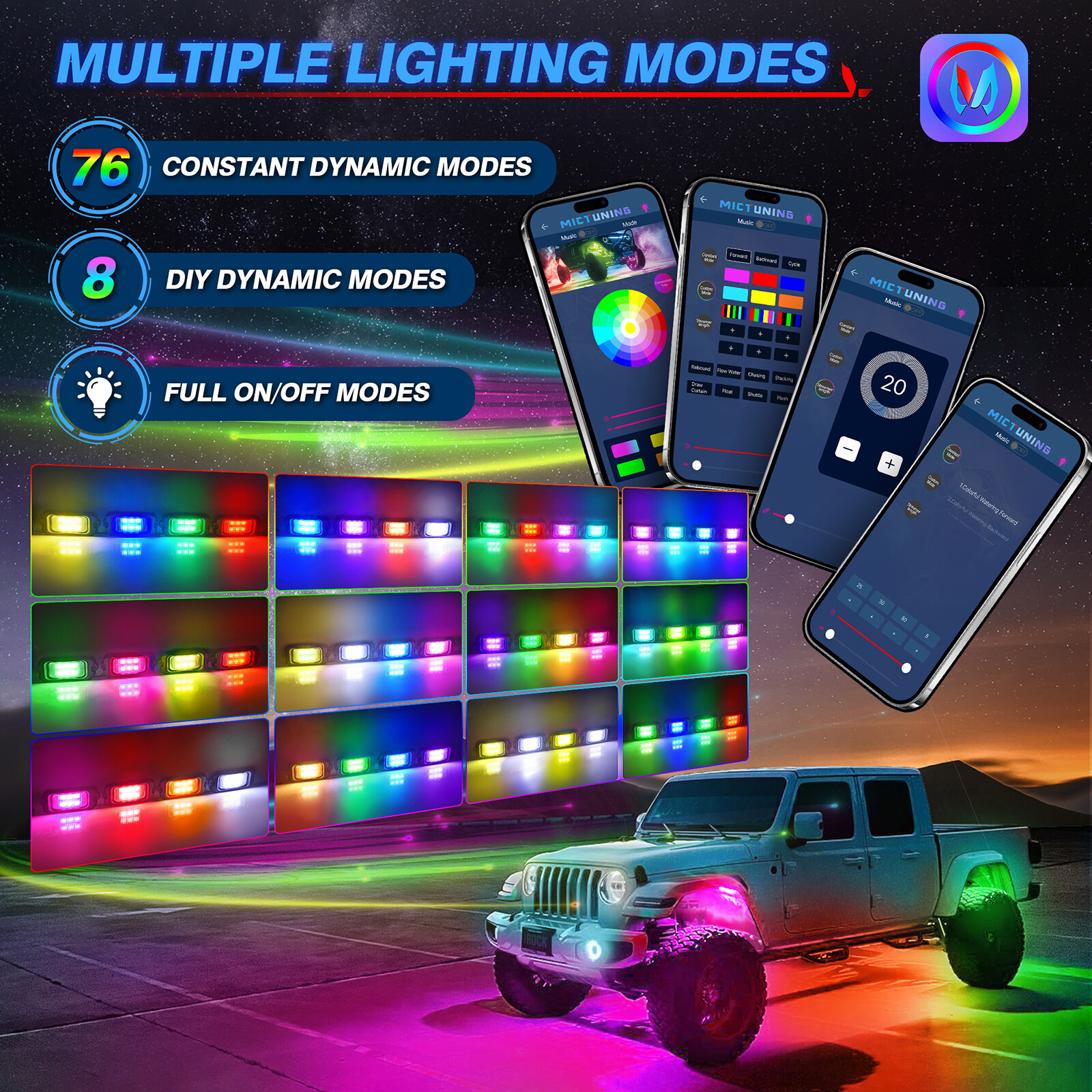 MICTUNING C2 Max RGB+IC LED Rock Lights, Upgrade 12 Pods Chasing Neon Lights Kit