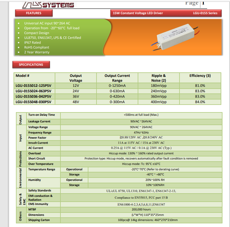 Autec LED Driver, AC/DC, Constant Voltage, 15W 12V 1.25A