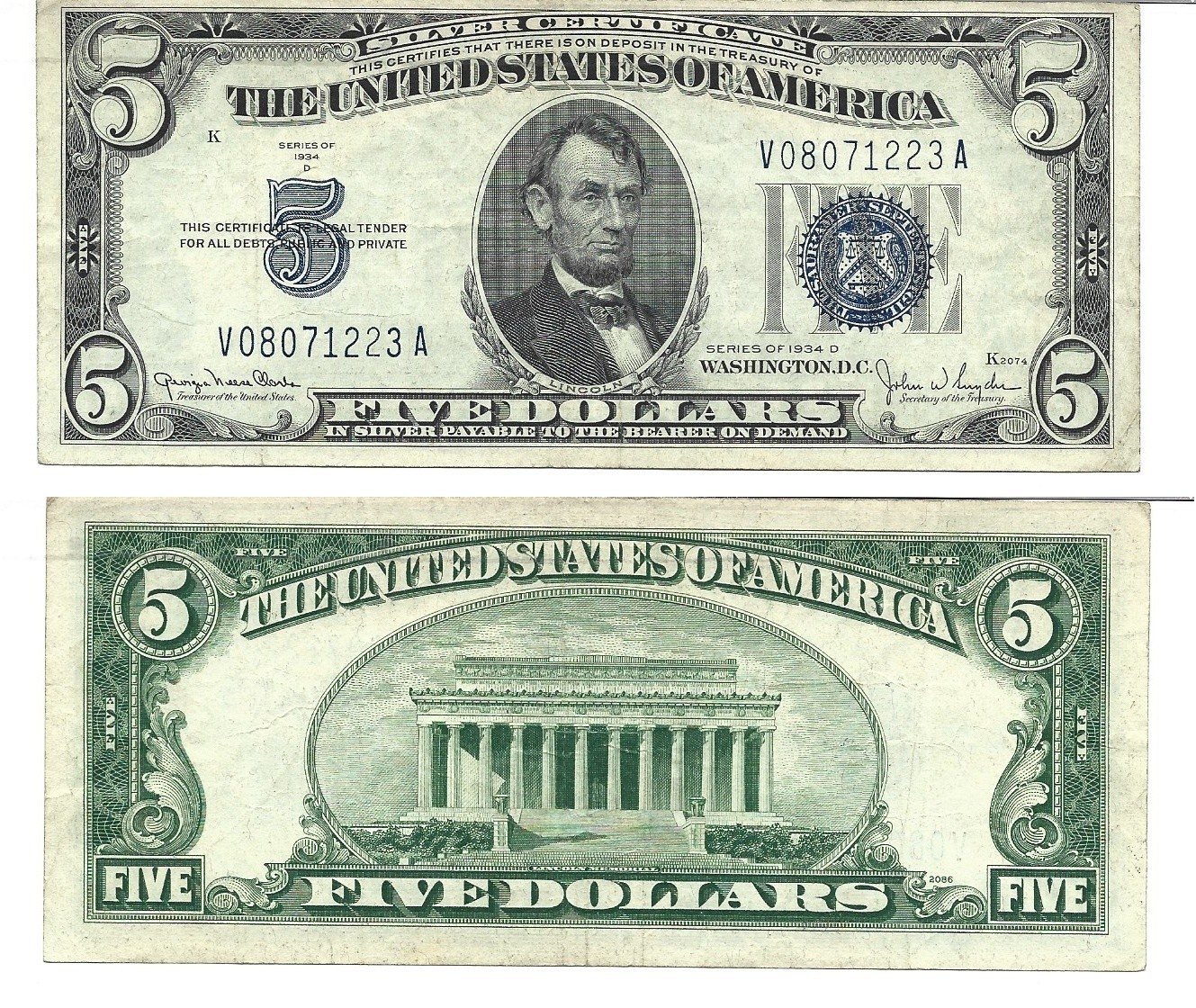 1934-D $5 Silver Certificate Wide II Fr. 1654 Circ. #1223