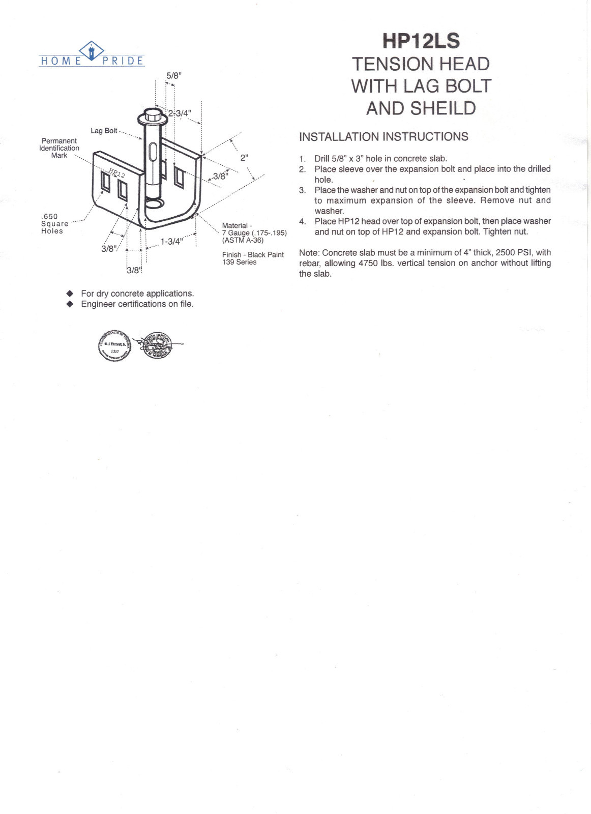 Mobile Home Parts Set of 4 Dry Concrete Anchors Tie Down Straps & Bolts