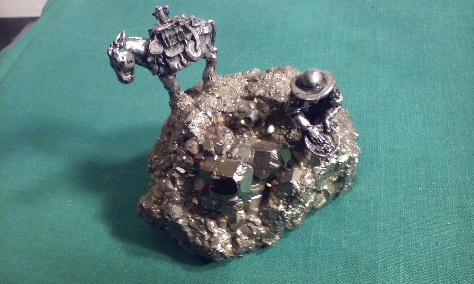 Pewter Gold Miner & Donkey Figure Panning on Pyrite Fool’s Gold Cluster Vintage