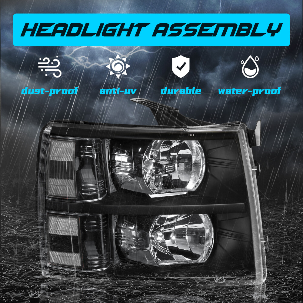 For 2007-2013 Chevy Silverado 1500 2500HD Black Housing Headlights LH & RH