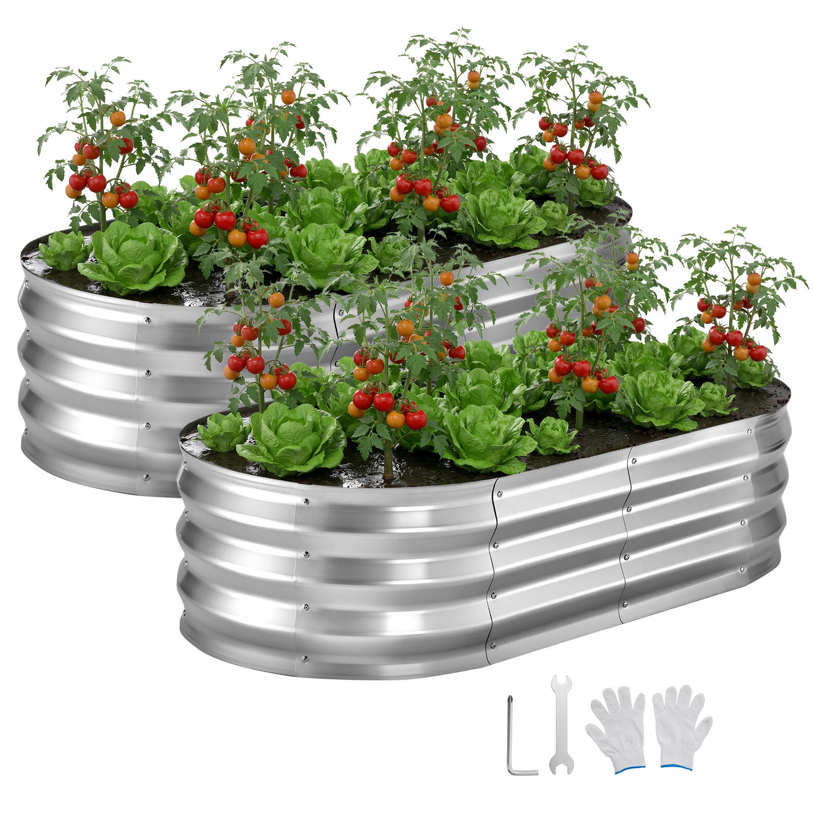 VEVOR 2 Pcs Galvanized Raised Garden Beds 4 x 2 x 1 ft Oval Planter Box Silver