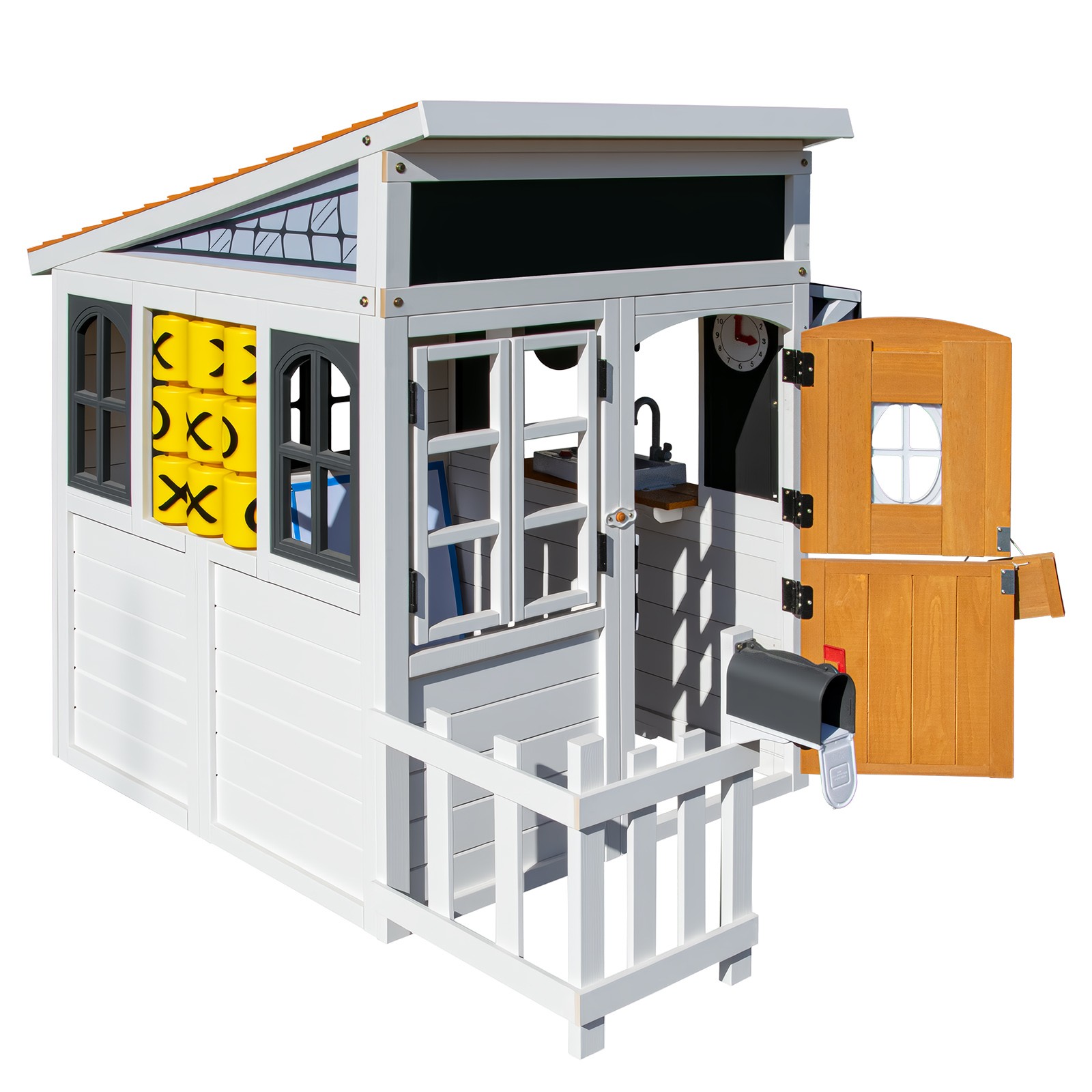 Kids Wooden Playhouse Outdoor Cottage Play Kitchen,Bench,Blackboard,Tic-Tac-Toe