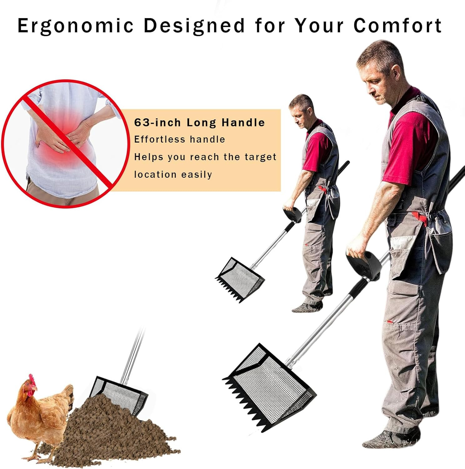 12" Metal Chicken Poop Scooper Rake for Sand with 24 to 68" Handle, Adjustable C