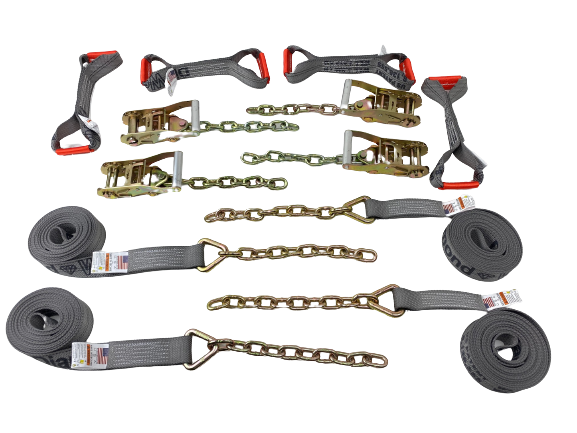 8 pt Kit 18' Grey Diamond Weave Rollback / Flatbed Car Tie-Downs w/ Chain Tails