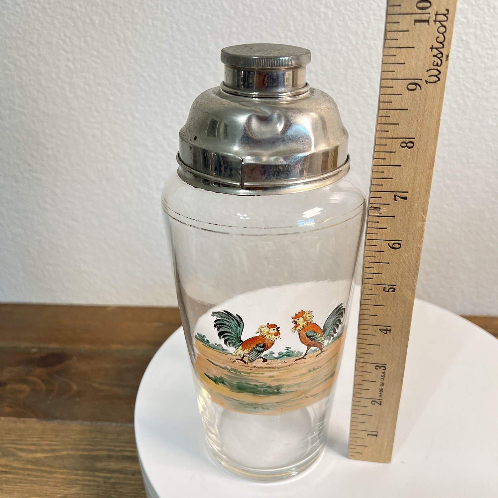 1940s Cocktail Shaker Hand-painted Rooster Silver Plated Vintage Art Deco 9"