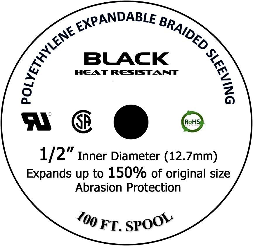 100 FT 1/2" Black Expandable Wire Cable Sleeving Sheathing Braided Loom Tubing