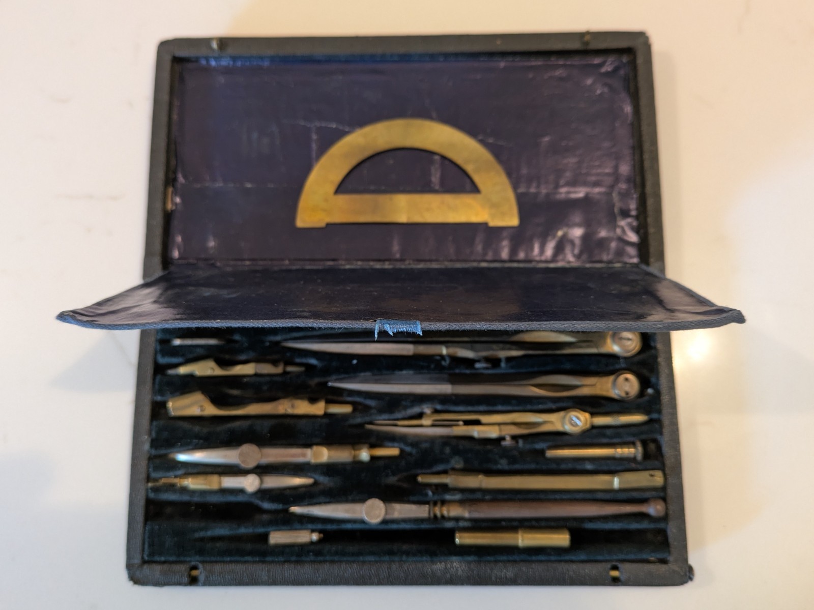 Antique French drafting instrument kit / architect drawing tool set