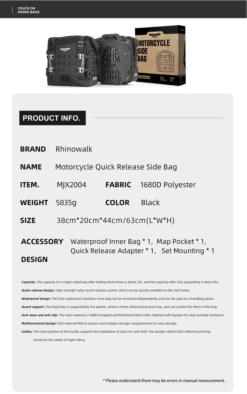 Rhinowalk Motorcycle Side Bag Waterproof 35L Quick Release Saddlebag Pannier 1Pc