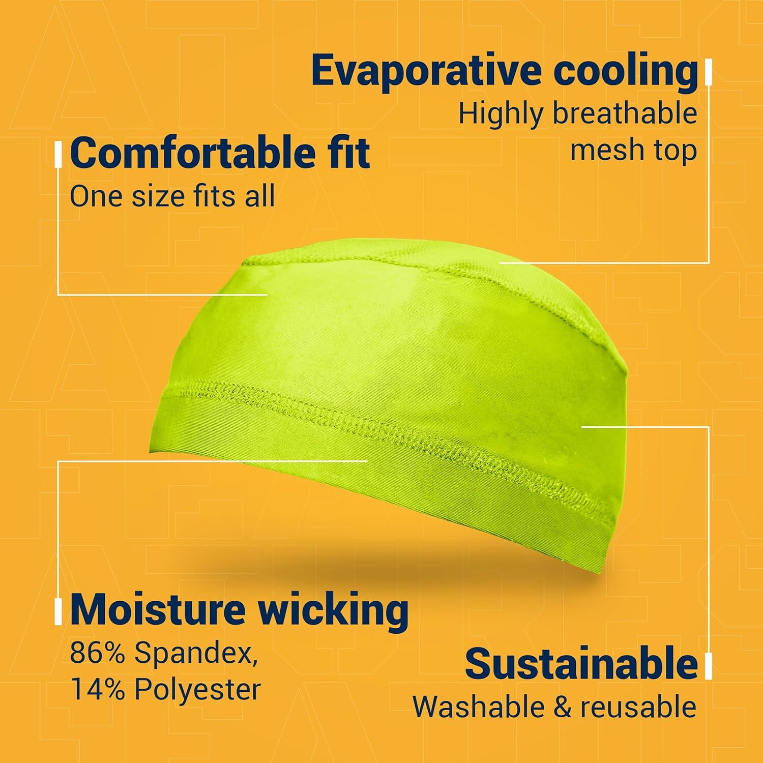 Hard Hat Liner - Skull Cap Helmet for Men. Cooling Cap, Yellow
