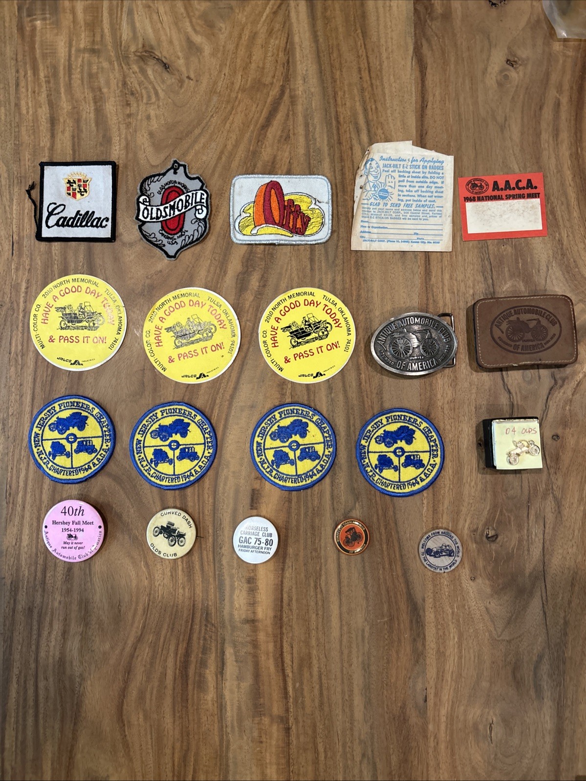 Lot of 19 Vtg Auto Club Patches Pins Buckles Stickers Cadillac Olds AACA  Offy