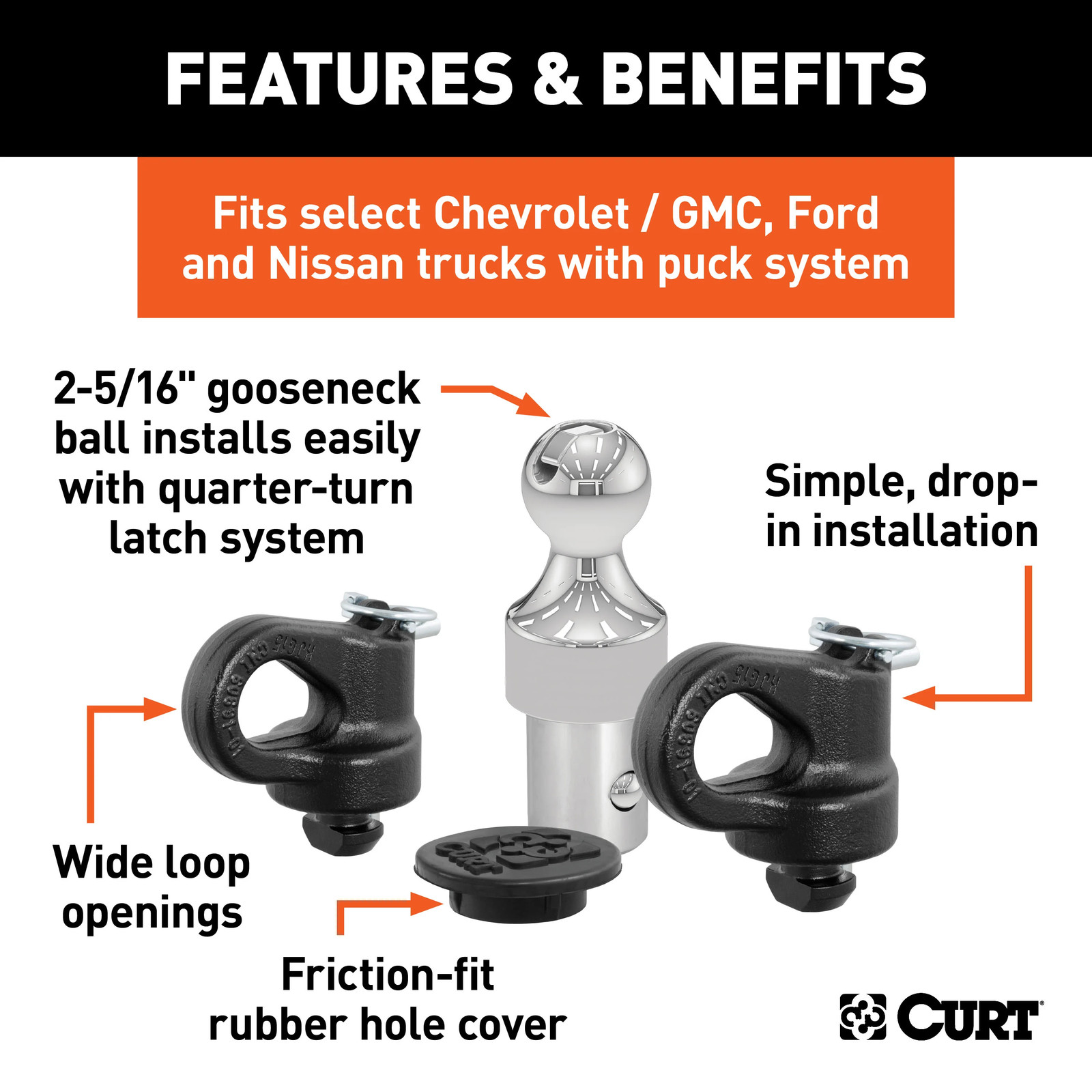 Curt OEM Puck System 2-5/16" Gooseneck Ball & Safety Chain Anchor Kit 30K 60692