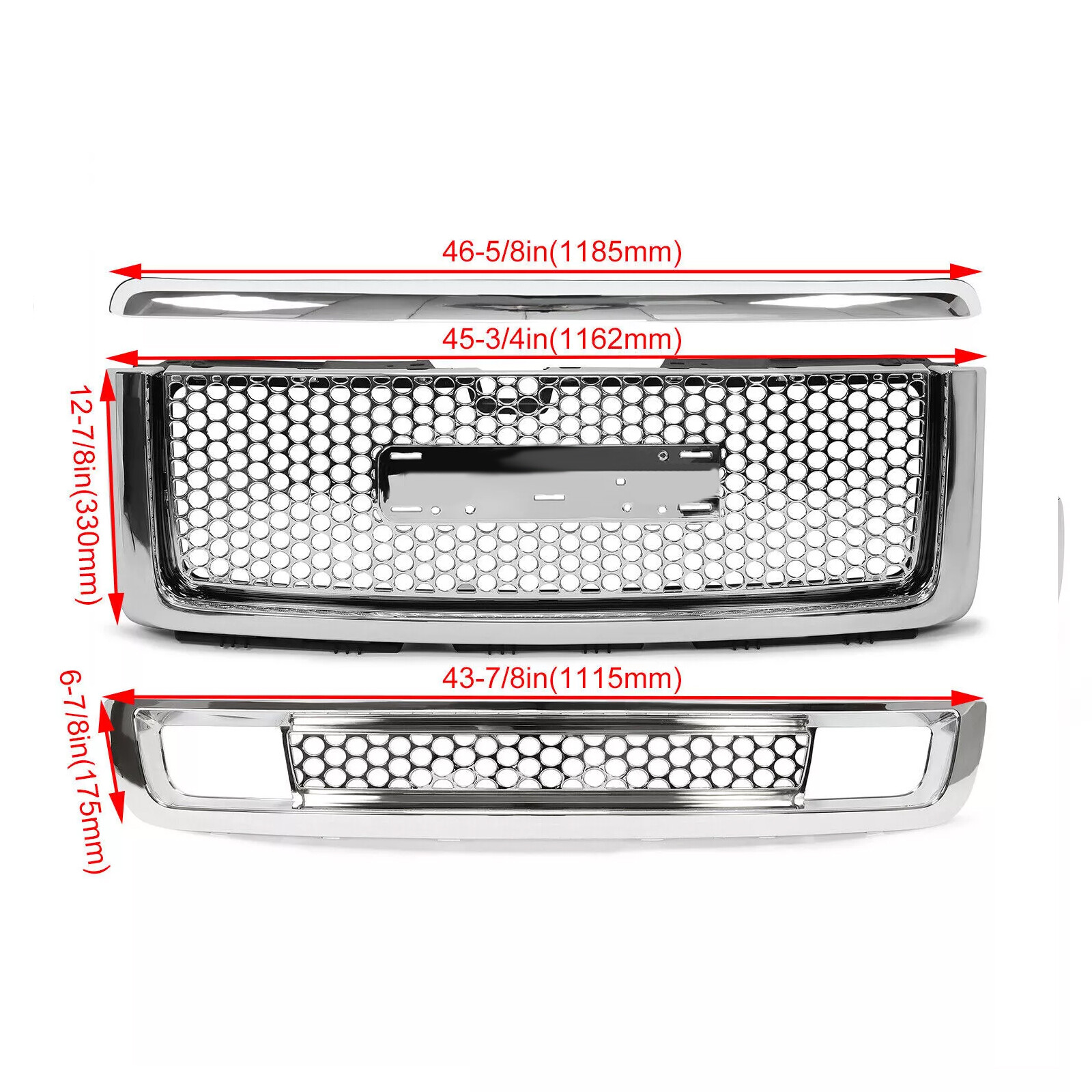 Front Upper & Lower Hood Grille + Hood Molding Trim For GMC Sierra 1500 2007-13