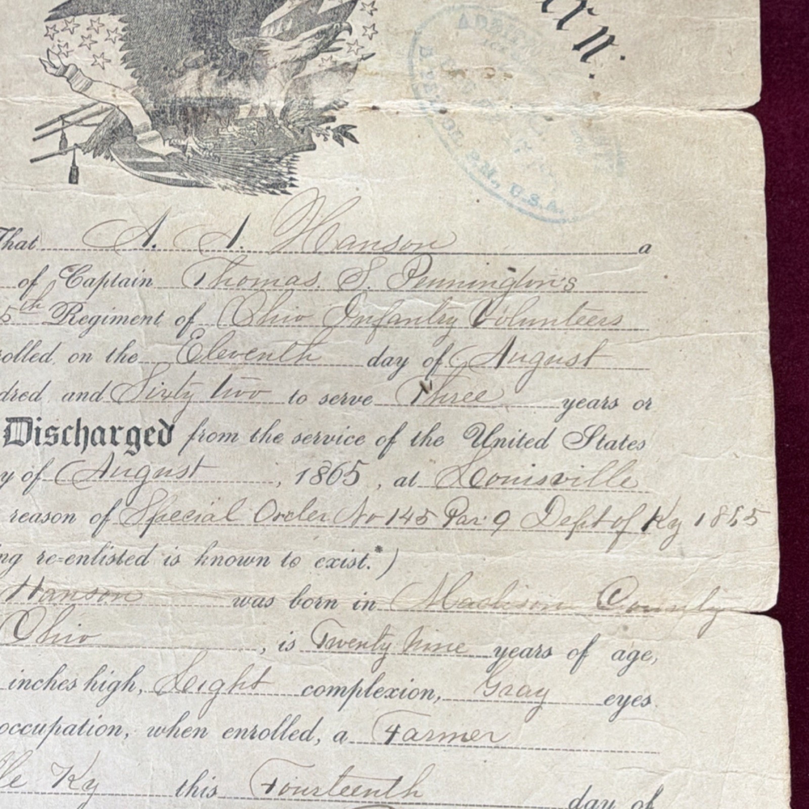 United States Military Discharge Paper Silver War Era Dated August 1865
