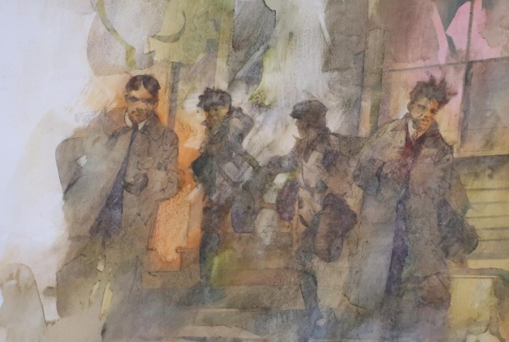 ROBERT CRAWFORD, FIGURES ALONG STAIRWAY, GOUACHE