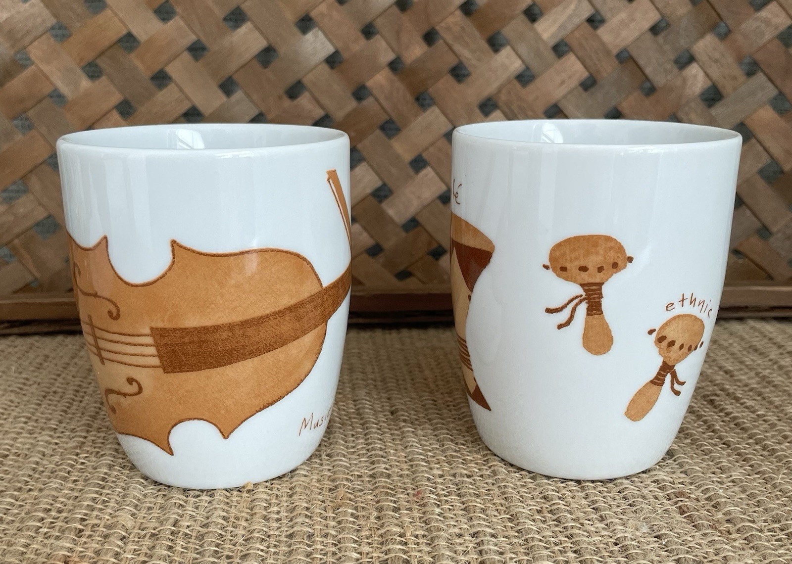 Ionia Porcelain Coffee Mugs Music Cafe Set Of 2 Violin & Bongo Drum EUC