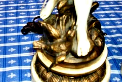 Vintage French Figural Lamps Moreau Fisherman Lady Flower Basket Bronzed Metal