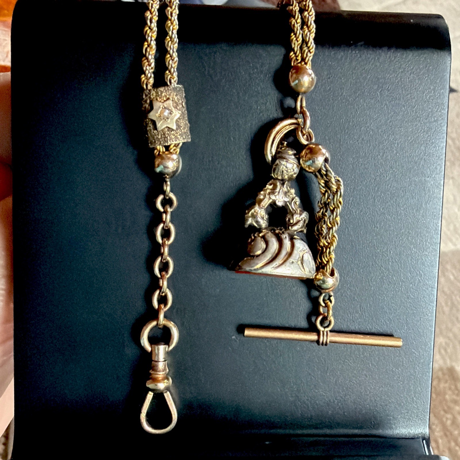 Victorian RFS Gold Tone Rope Link Watch Slider Chain Old Carnelian Fob 14k Tbar