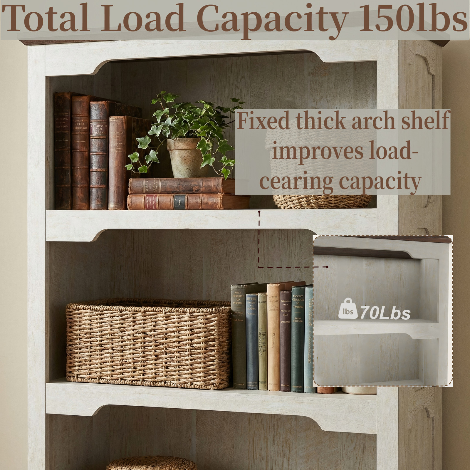 Farmhouse Tall Bookcase with Doors, Rustic White Storage Cabinet with Anti-Tip