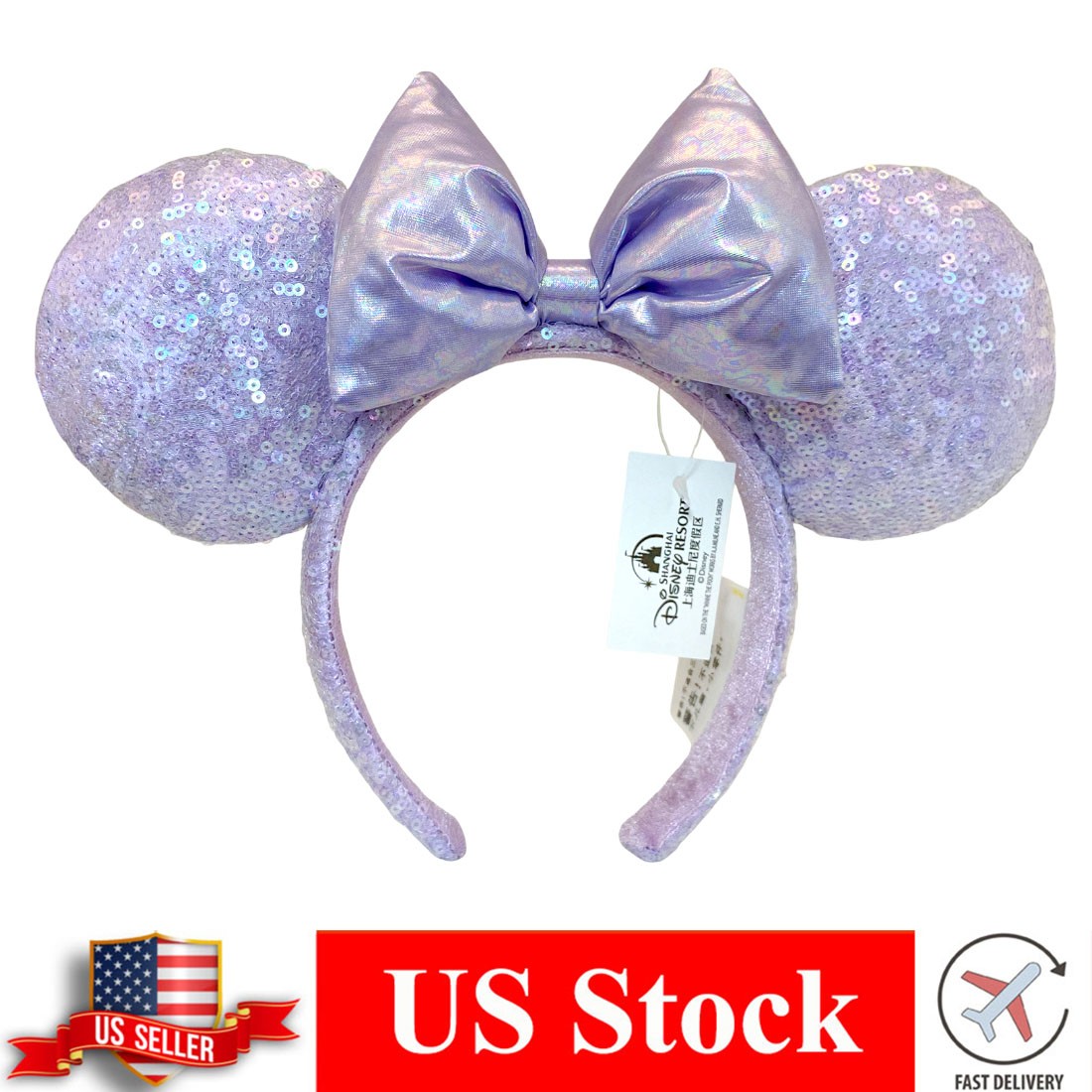 Disney-Parks Purple Lavender Sequin Minnie Mouse Ears Headband Iridescent Bow