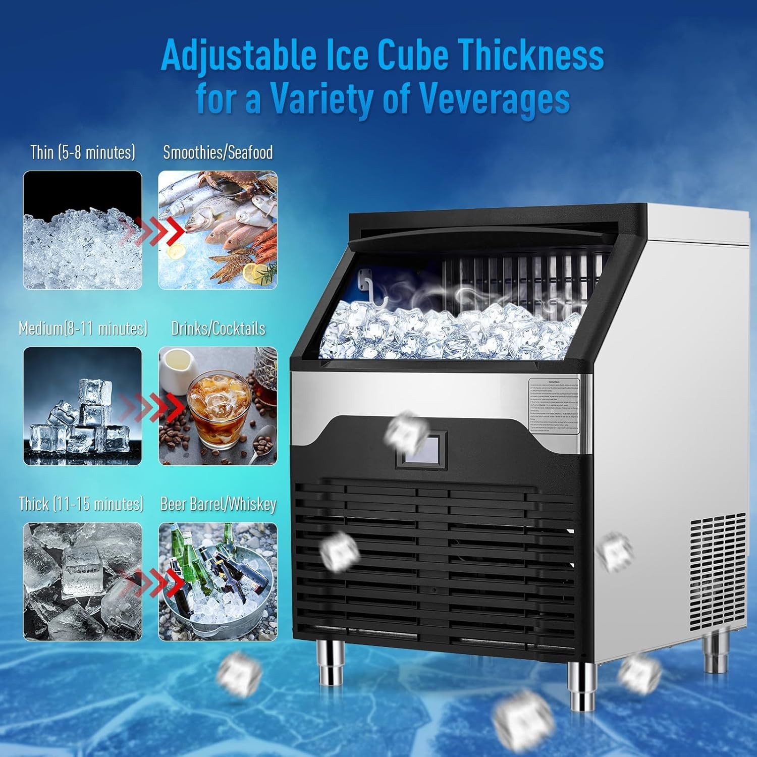 Commercial Ice Maker Freestanding Cabinet Machine 160lbs/24H 100Lbs Storage Bin