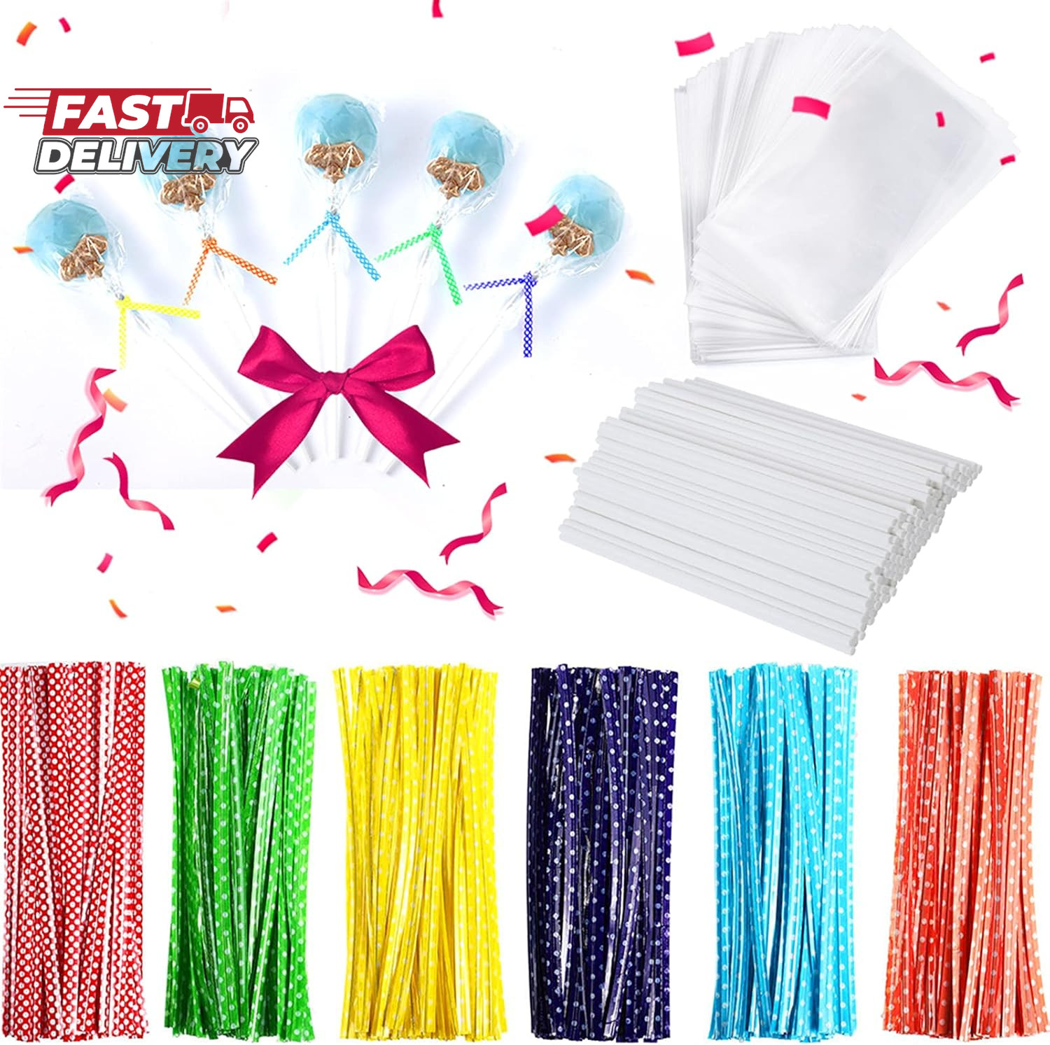300Pcs 6 Inch(4Mm DIA) Cake Pops Sticks,Lollipop Sticks, Cake Pop Bags and Wrapp