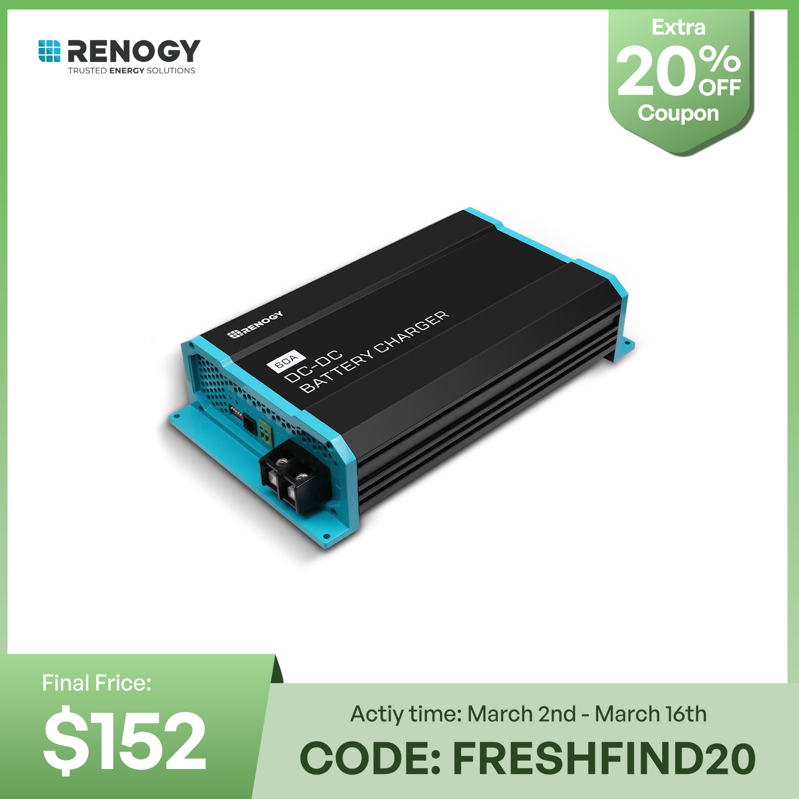 Renogy DC to DC Charger 12V 60A Lifepo4 Battery Charger-On-Board Marine/RV/Boat