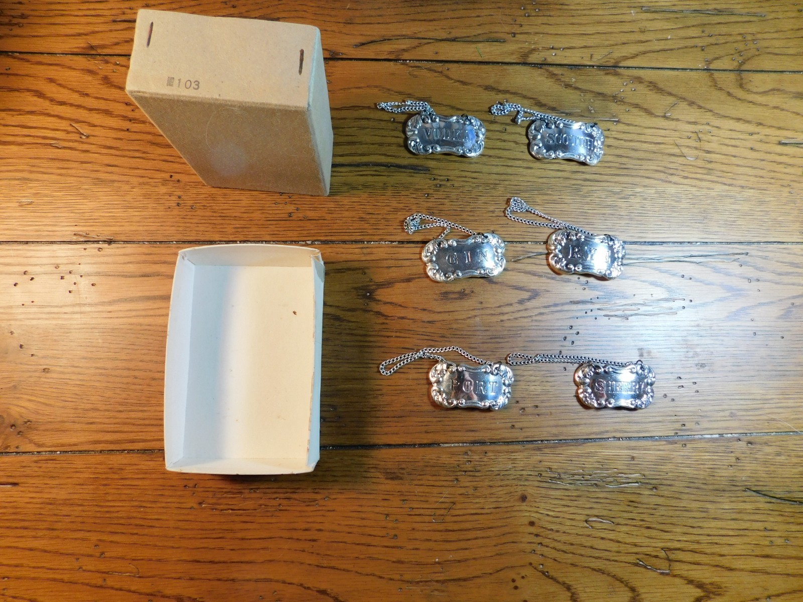 Vintage Set of 6 Liquor Bottle Decanter Label Tags Silver-plated Japan 1967-76