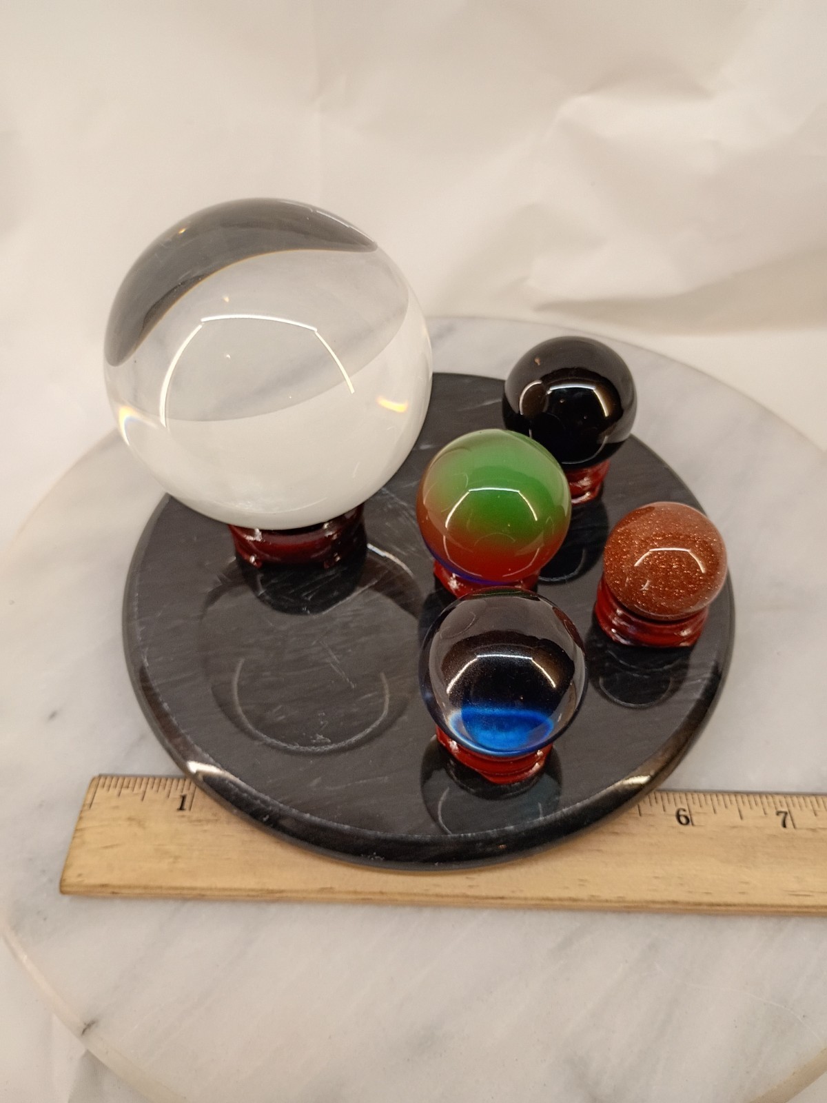 Lot Of 5 Glass Orbs Marbles With Stands And Marble Base Meditation Healing