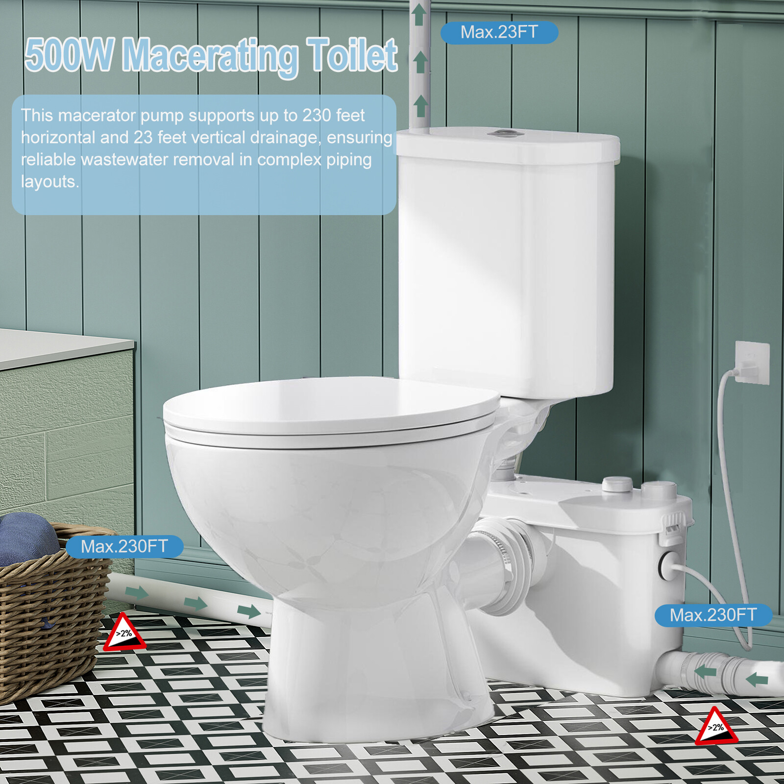 500W Upflush Macerating Toilet System Dual Flush for Basement with 4 Water Inlet